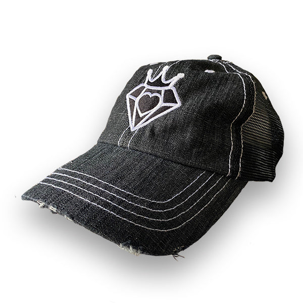 Purveyor Of Love Crowned Heart Lo-Profile Black Denim Trucker Hat